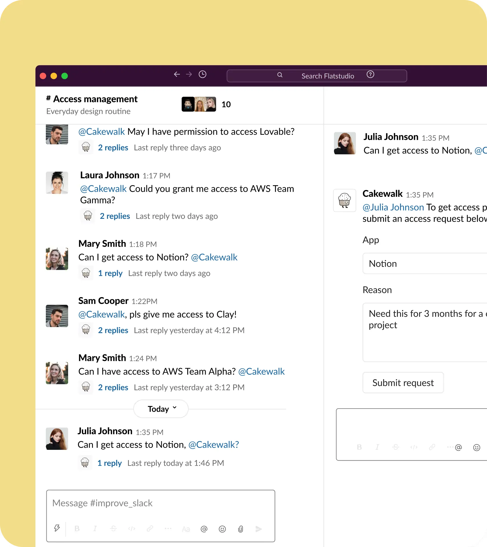 Employee chatting with Agent Cake in Slack to request app access