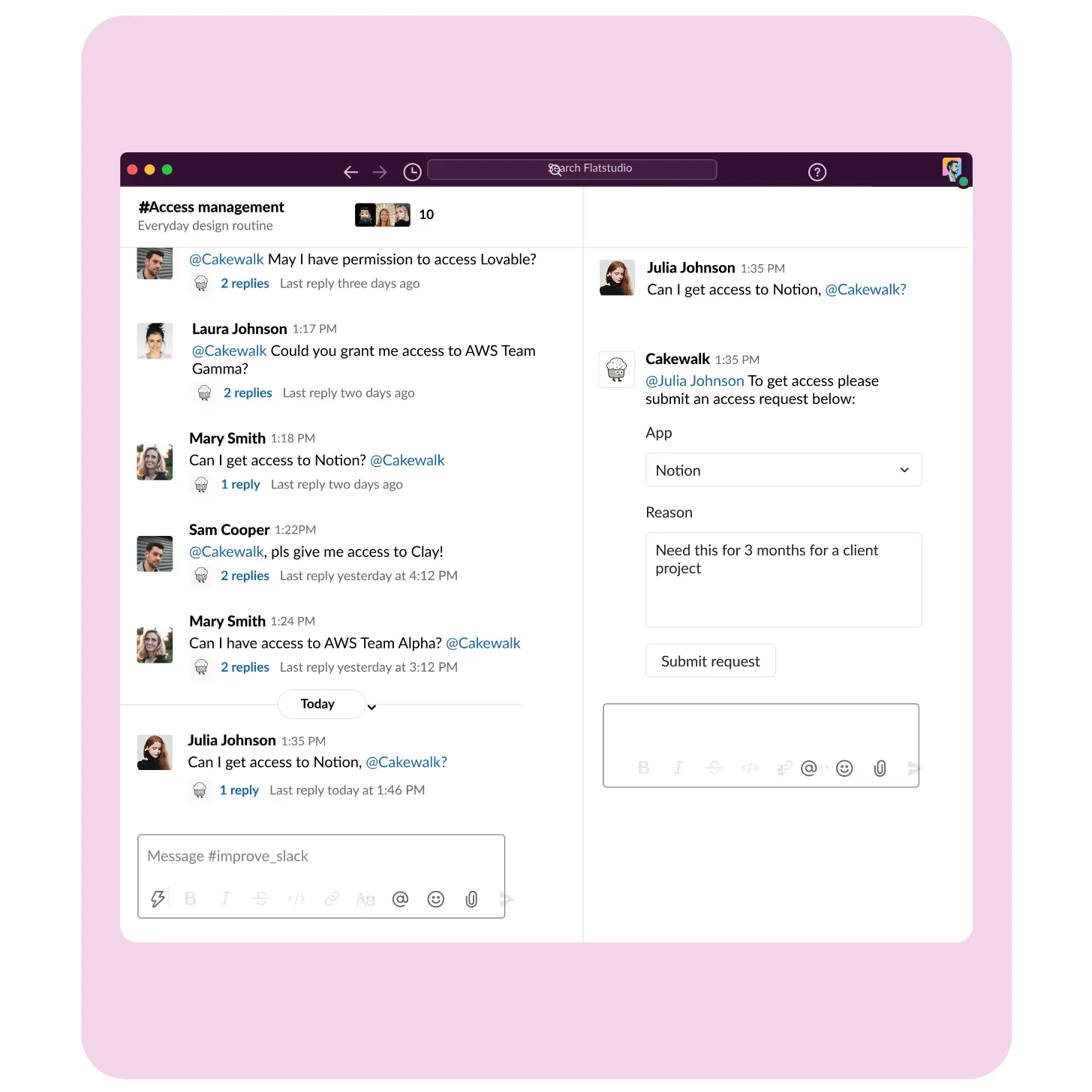 Slack conversation showing a user requesting access on behalf of a colleague