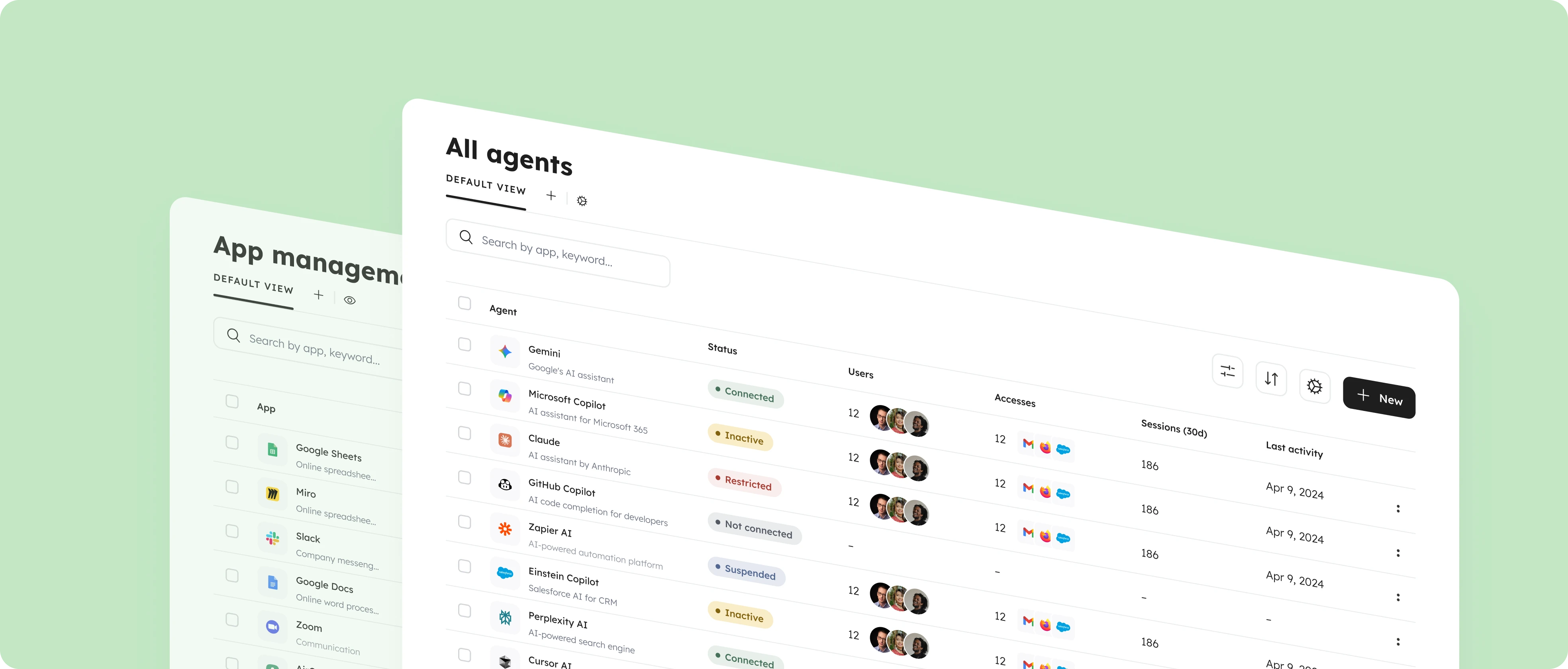 Cakewalk dashboards showing App management and All agents views