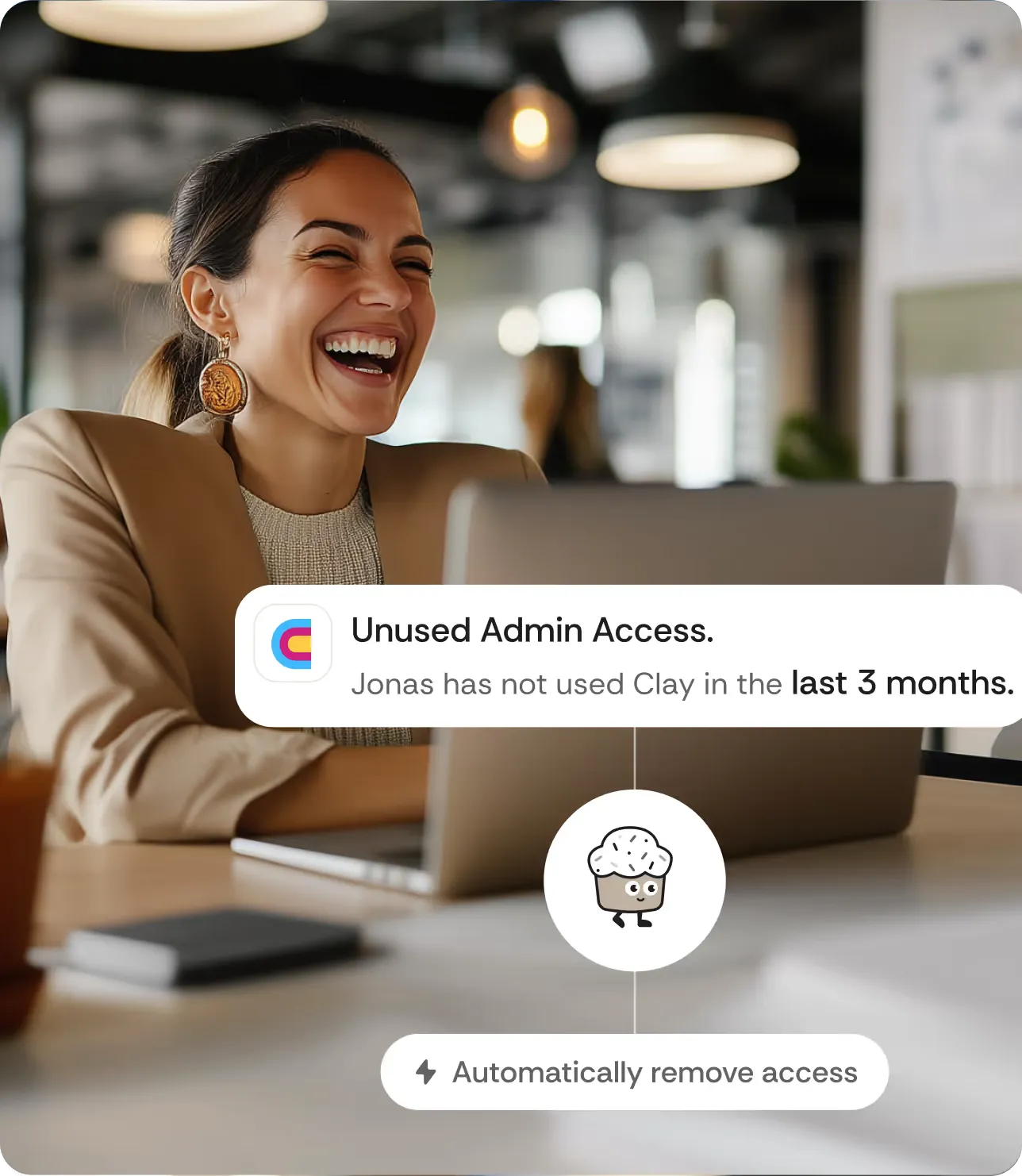 Cakewalk product interface showing unused admin access notification with automatic remediation