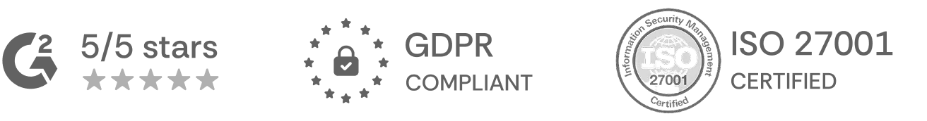 G2 Leader badge, GDPR compliant badge, ISO 27001 certified badge