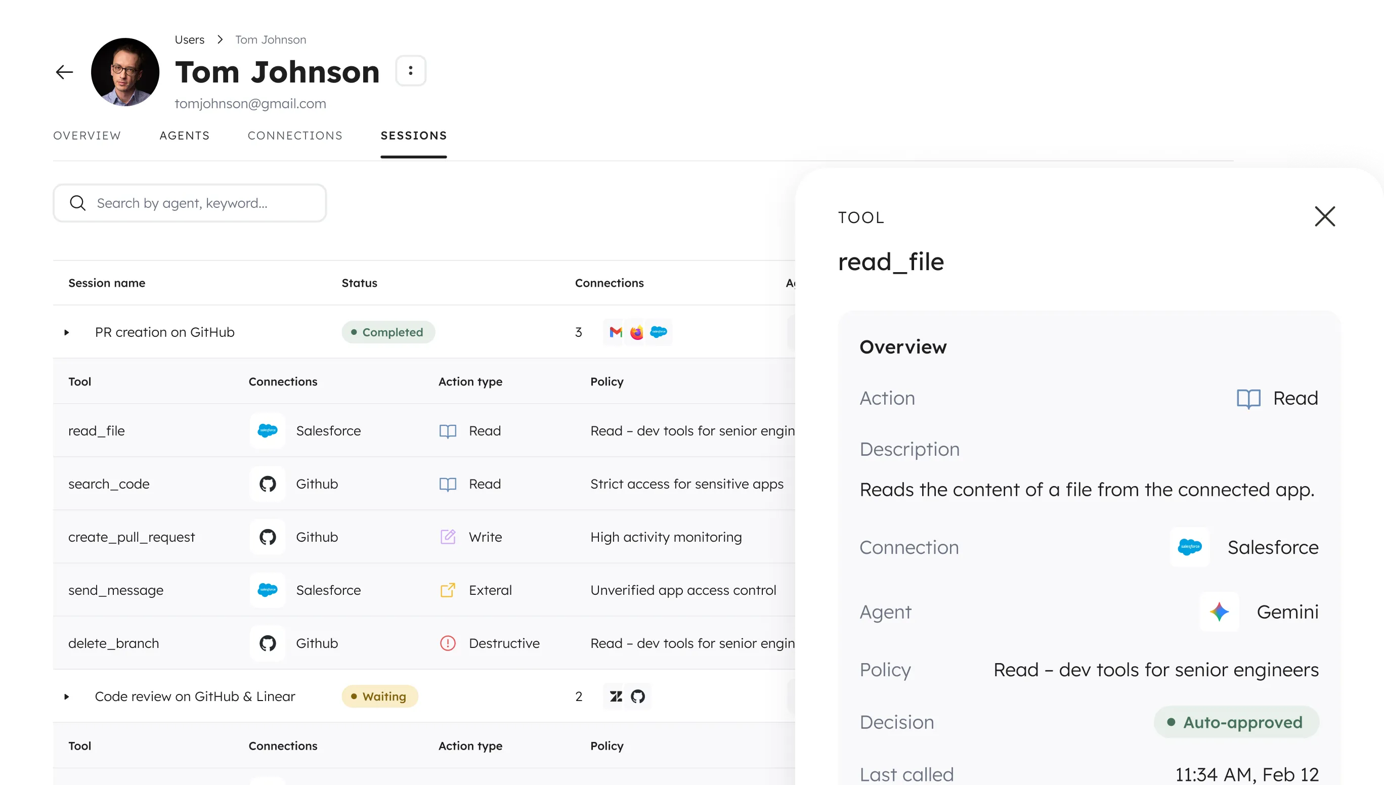 Cakewalk admin panel showing Tom Johnson user session details with read_file tool card auto-approved for the Gemini agent reading data from Salesforce.