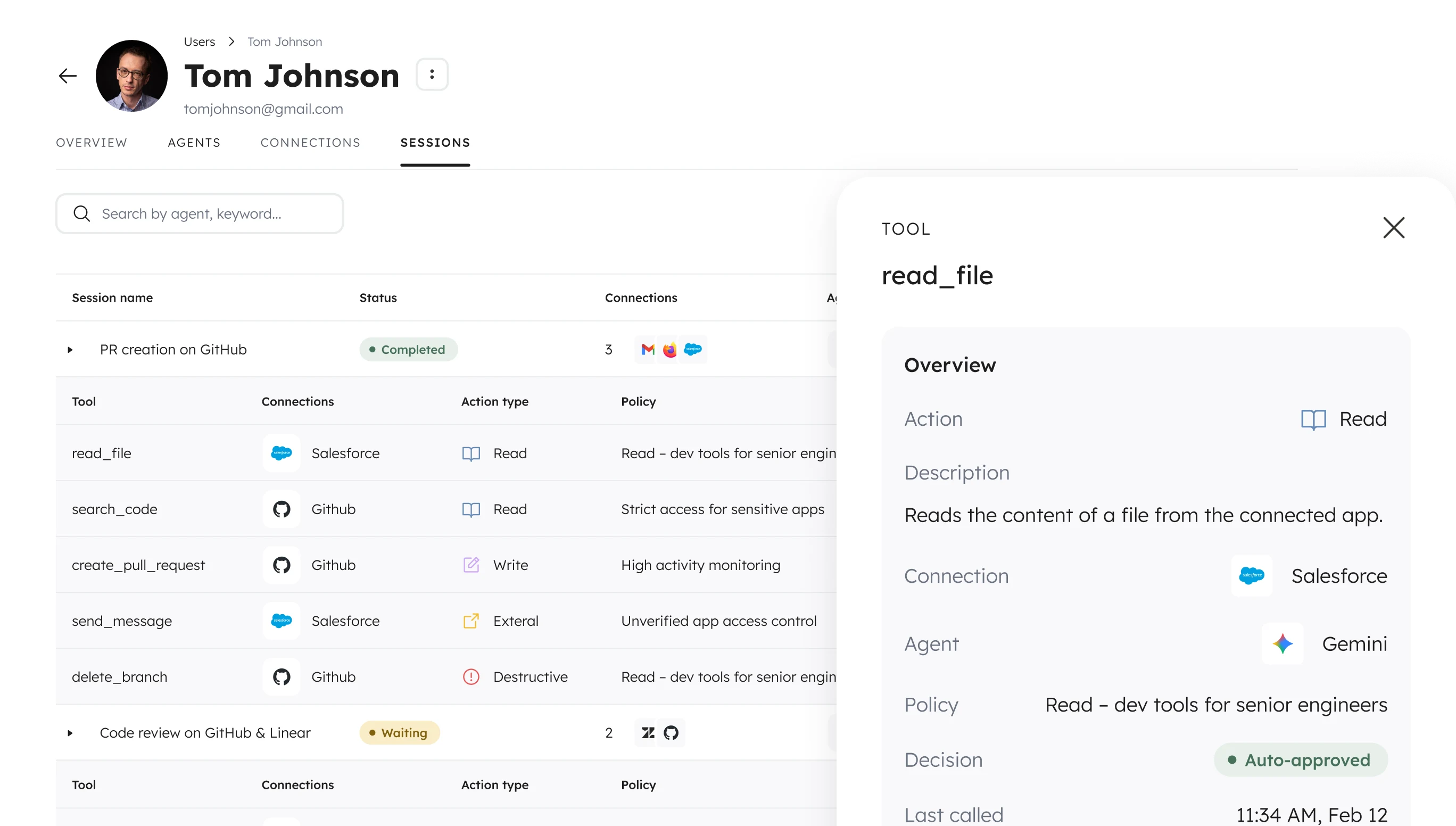 Cakewalk dashboard showing user sessions and read_file action detail