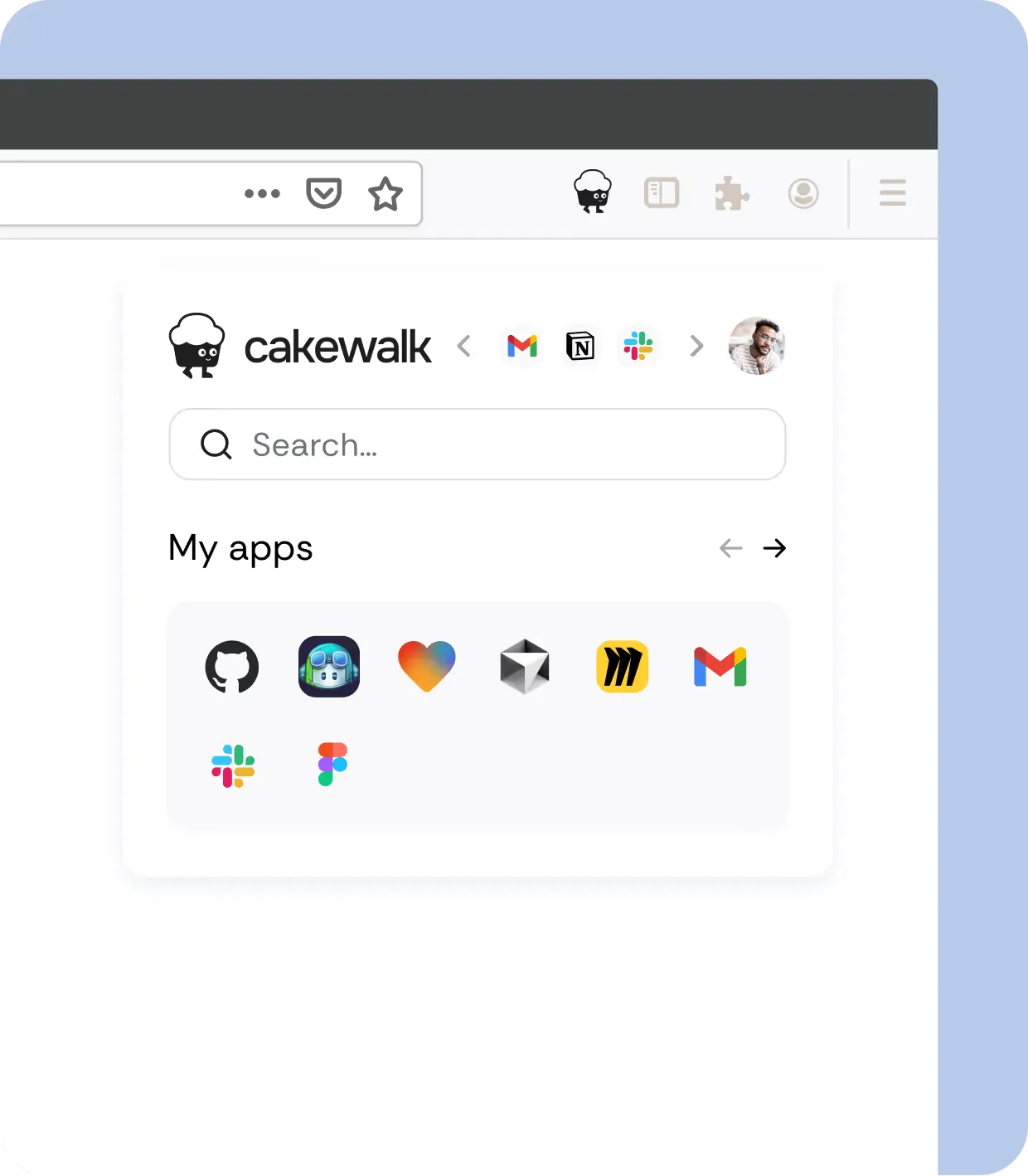 Cakewalk browser extension panel showing My Apps list for quick access