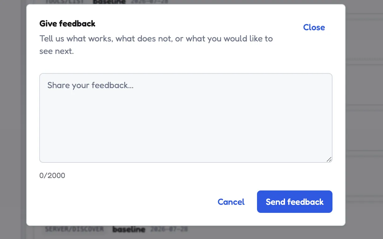 The Give feedback dialog, with a free-text box up to 2000 characters and a Send feedback button.