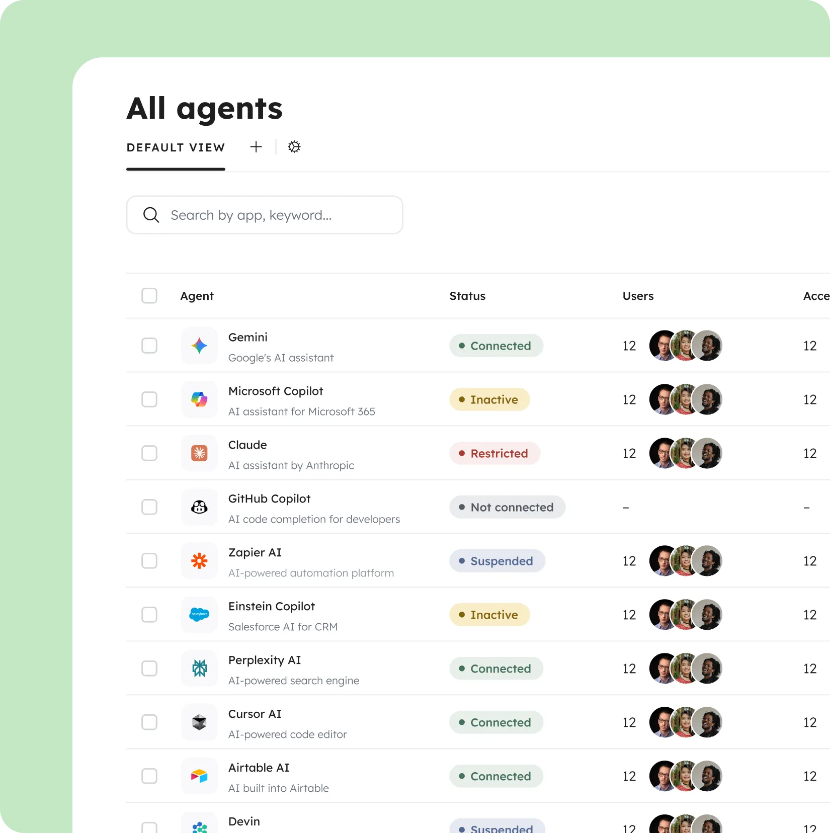 All agents catalog view listing Gemini, Microsoft Copilot, Claude, Github Copilot, Zapier AI, Einstein Copilot, Perplexity AI, Cursor AI, Airtable AI, Devin with status, users and access counts.
