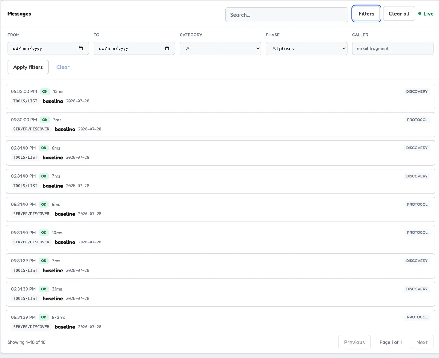 The Messages panel with filters open, showing rows for TOOLS/LIST and SERVER/DISCOVER, each with an OK status, a duration in milliseconds, the baseline scenario and protocol 2026-07-28.