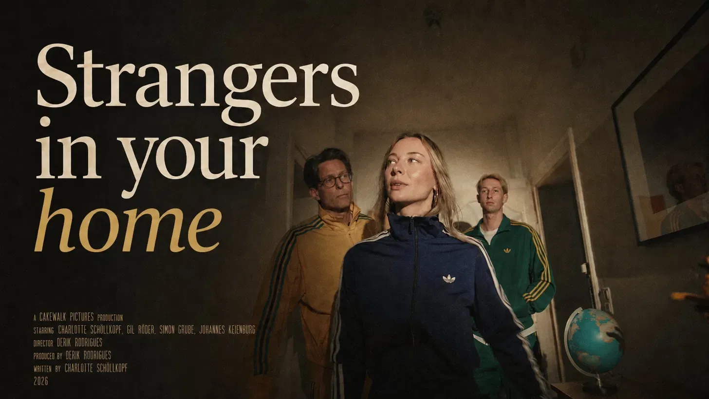 Three figures in tracksuits standing in an apartment they don't belong in