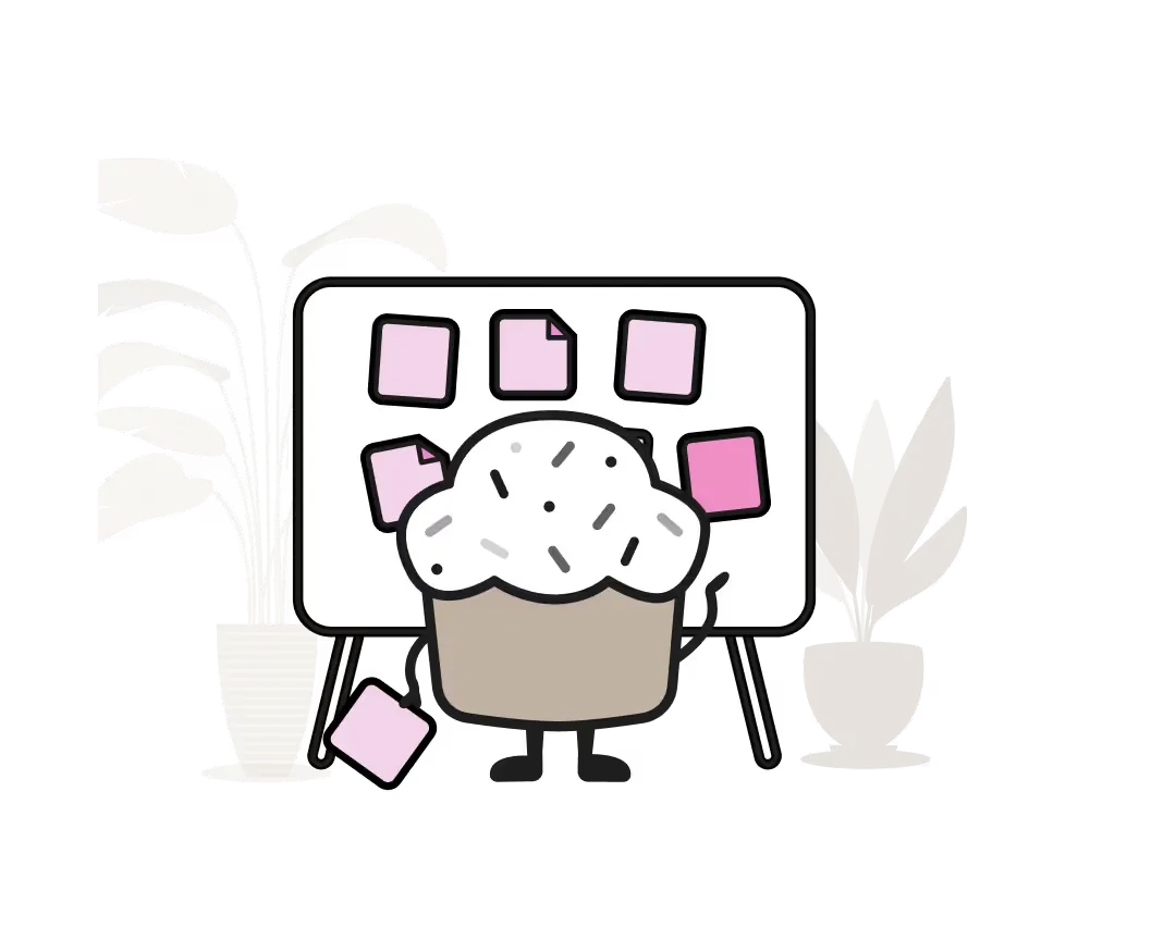 Cakewalk character with post-it notes representing team lead productivity