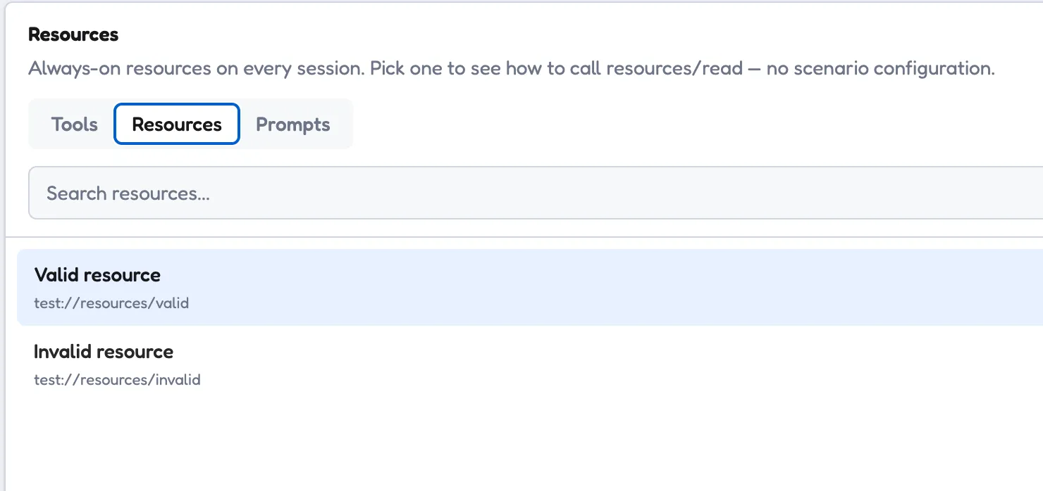 The Resources tab, listing a valid resource at test://resources/valid and an invalid one at test://resources/invalid.