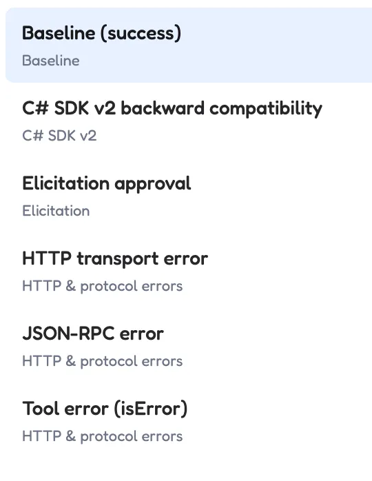 The six tool scenarios in the console: Baseline (success), C# SDK v2 backward compatibility, Elicitation approval, HTTP transport error, JSON-RPC error, Tool error (isError).