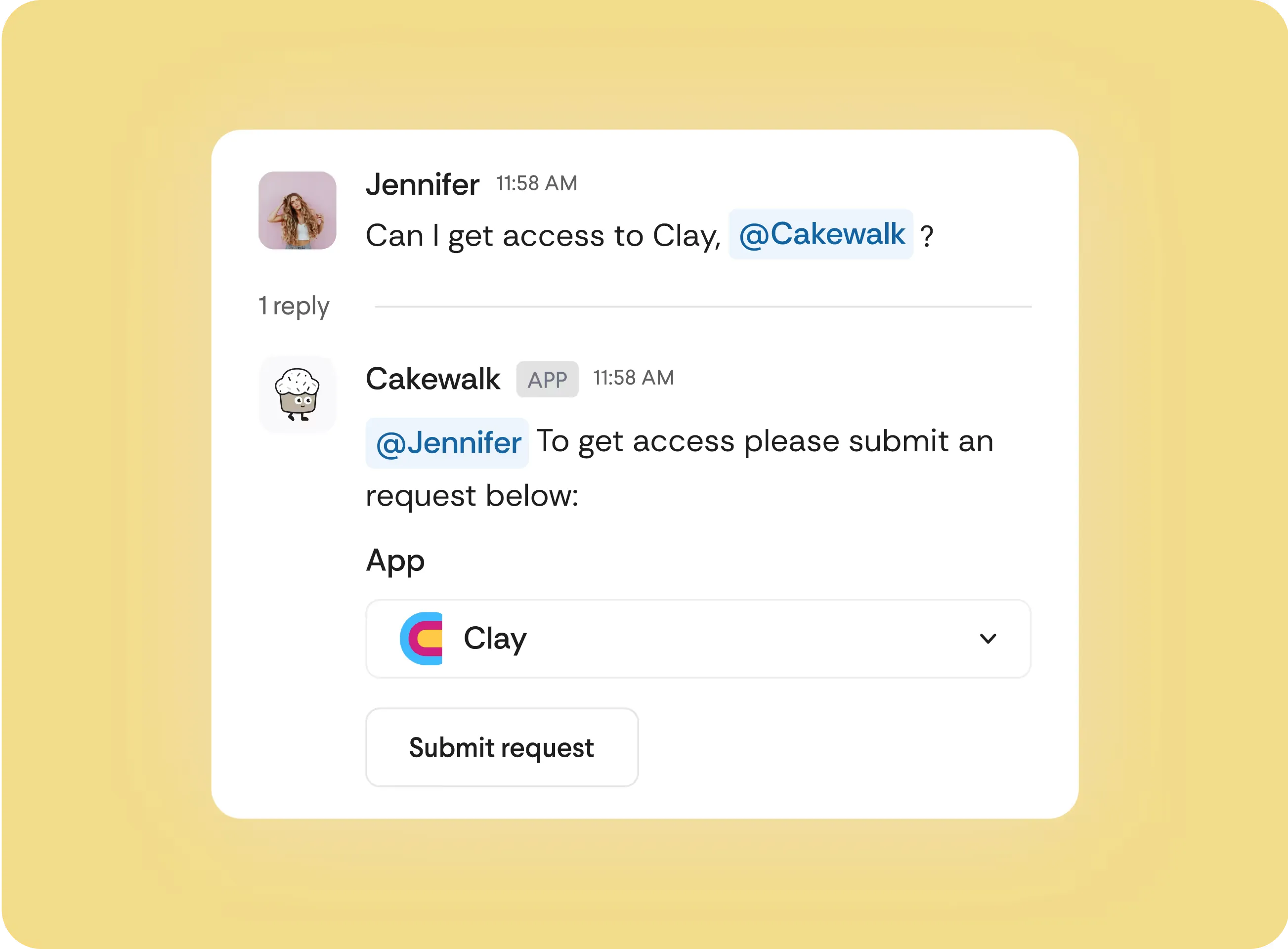 Cakewalk Slack integration showing self-service access request with policy enforcement