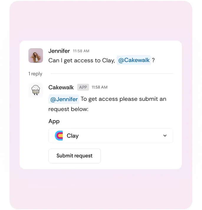 Slack conversation showing a user requesting Figma access from Cakewalk