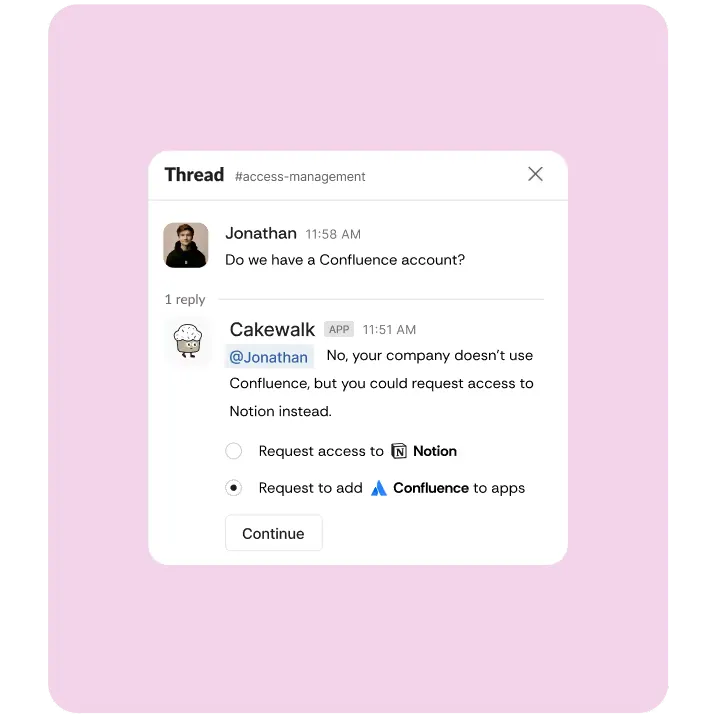 Cakewalk app in Slack's Apps section showing pending tasks to complete