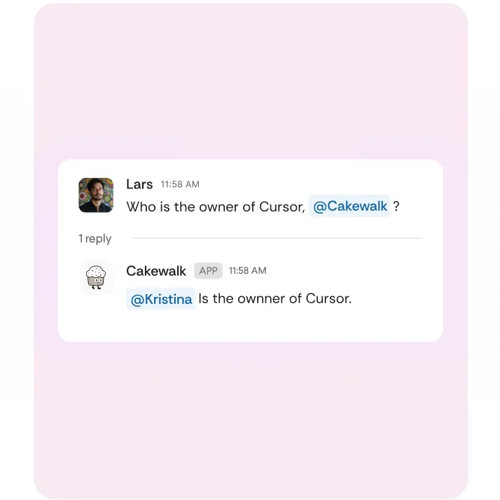 Slack conversation showing a user asking Cakewalk who owns the Miro app