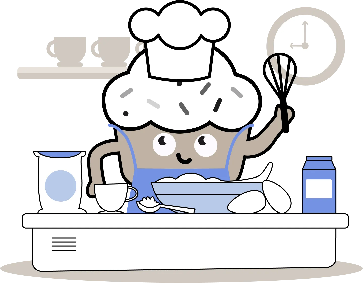Cakewalk mascot baking at a kitchen counter with a mixing bowl, whisk and chef hat.