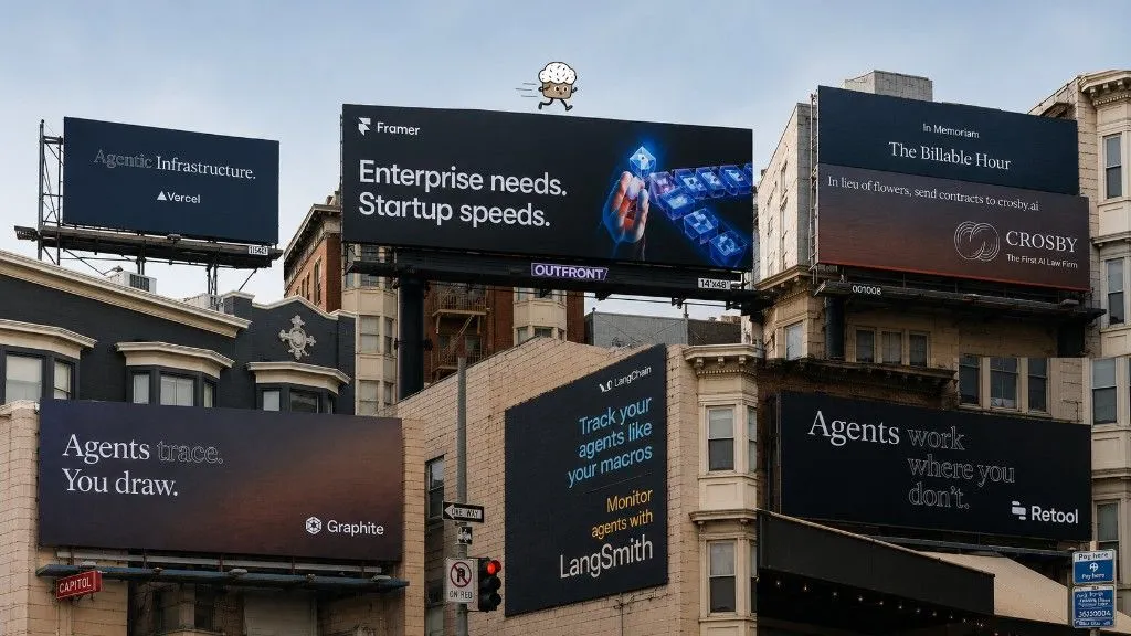 San Francisco block of billboards advertising AI agent products from Vercel, Framer, Crosby, Graphite, LangChain and Retool, April 2026.